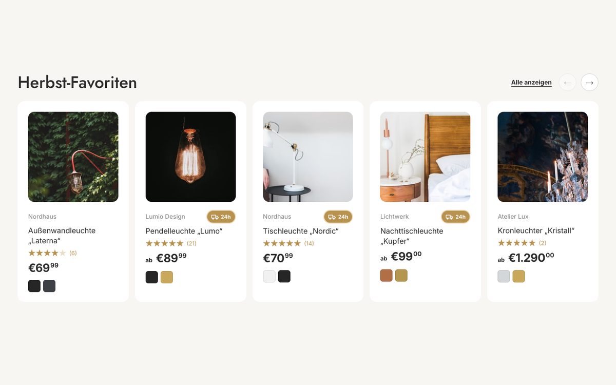 Produkt-Karussell mit Bewertungen und Farben